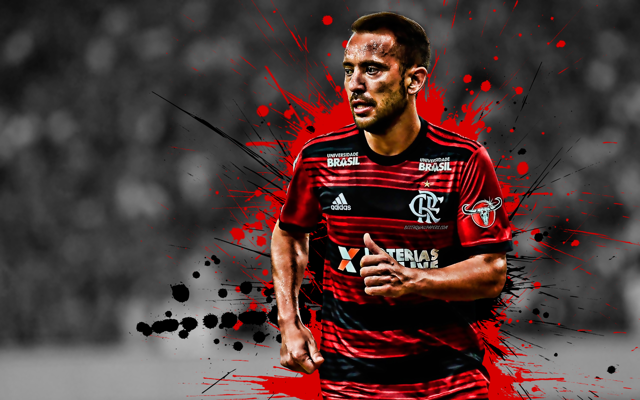 Download Wallpaper Everton Ribeiro, 4k, Brazilian Football Player, Flamengo, Attacking Midfielder, Red Black Paint Splashes, Creative Art, Serie A, Brazil, Football, Grunge For Desktop With Resolution 2560x1600. High Quality HD Picture Wallpaper