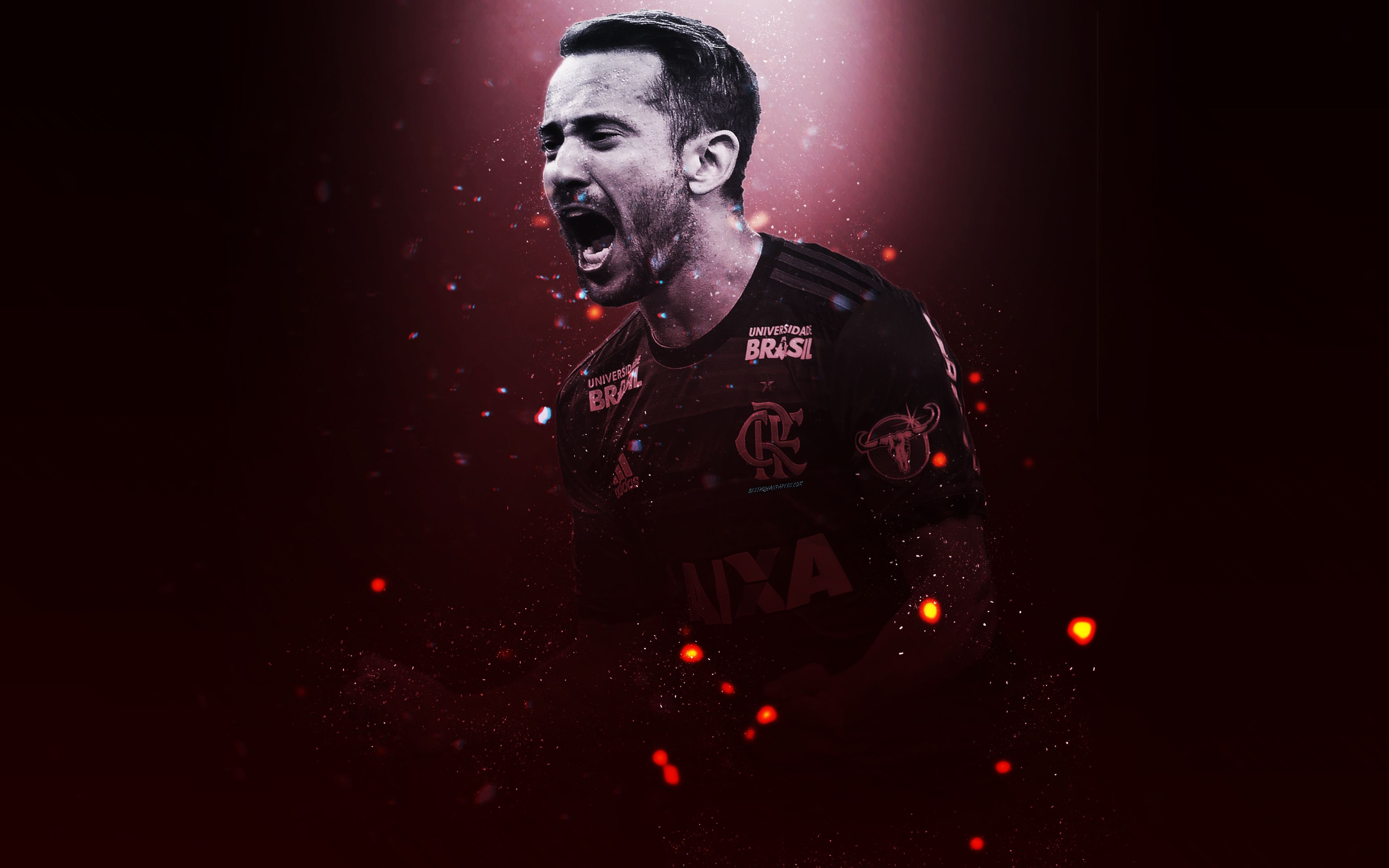 Download wallpaper Everton Ribeiro, 4k, creative art, Flamengo, Brazilian footballer, lighting effects, red background, portrait, Serie A, Brazil, football players, CR Flamengo for desktop with resolution 3840x2400. High Quality HD picture wallpaper