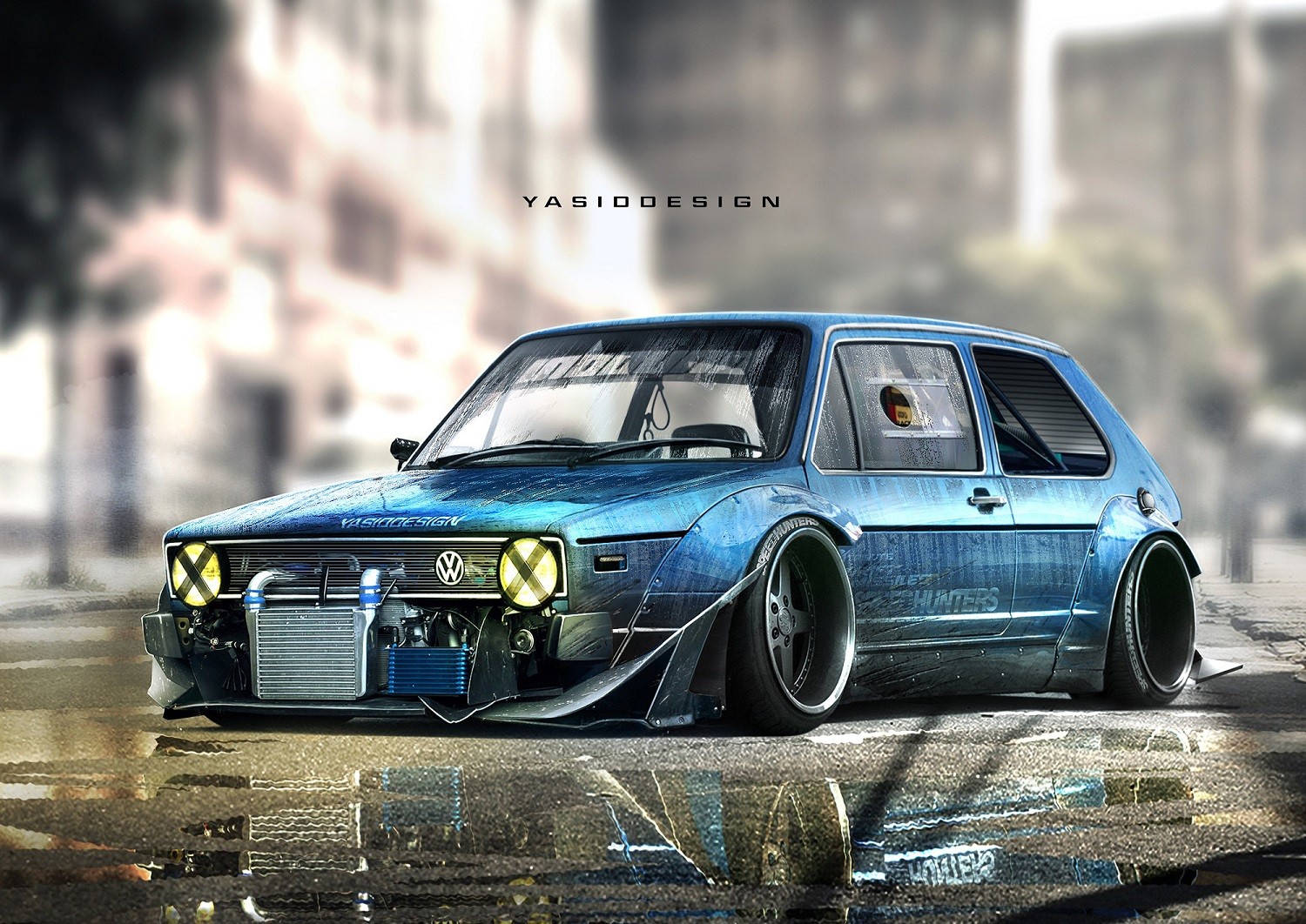 yellow headlights, car, artwork, YASIDDESIGN, tuning, render, taped headlights, Volkswagen Golf Mk1, Volkswagen Golf Gallery HD Wallpaper