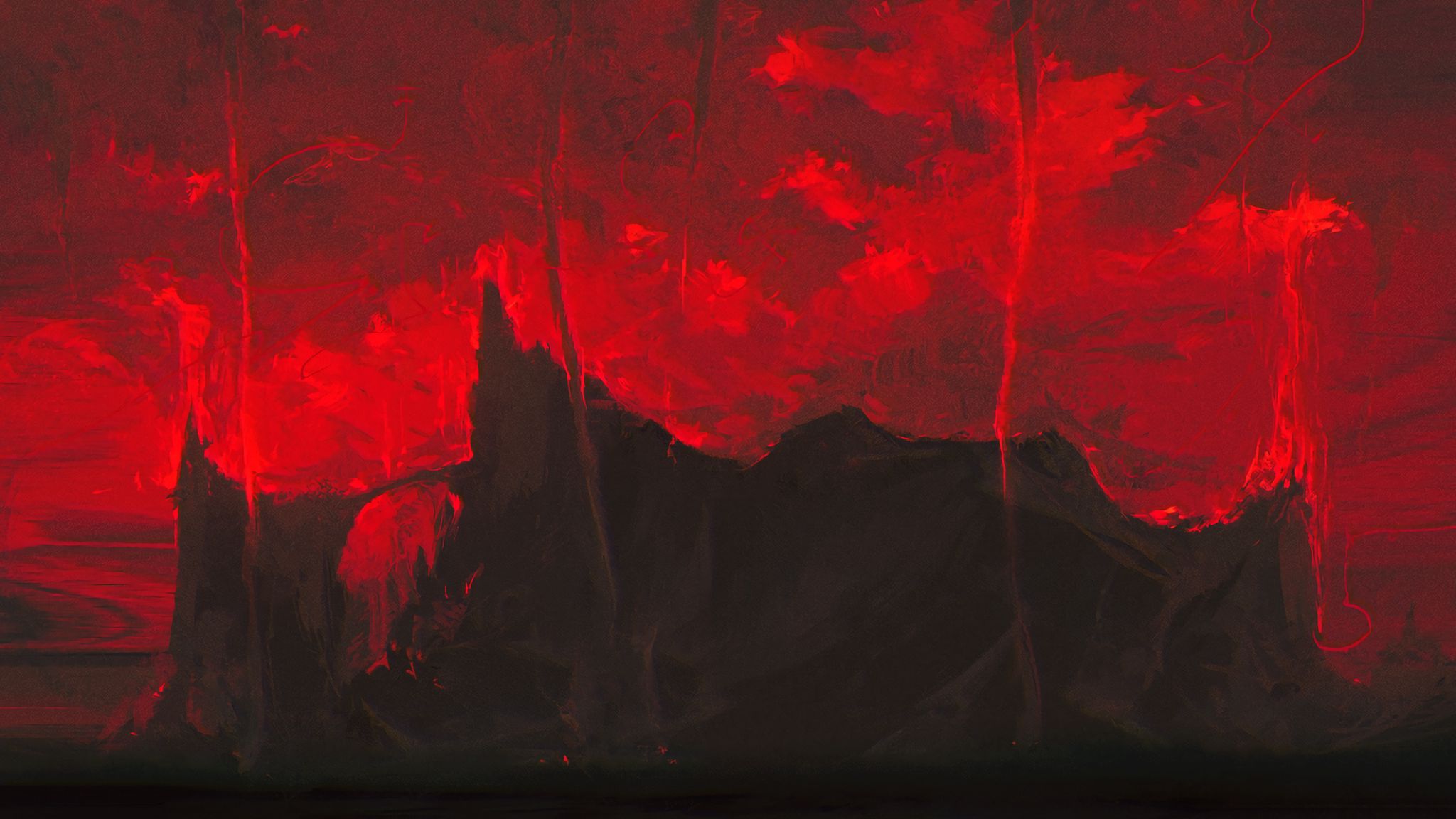 Download wallpaper 2048x1152 mountains, dark, art, red, black ultrawide monitor HD background