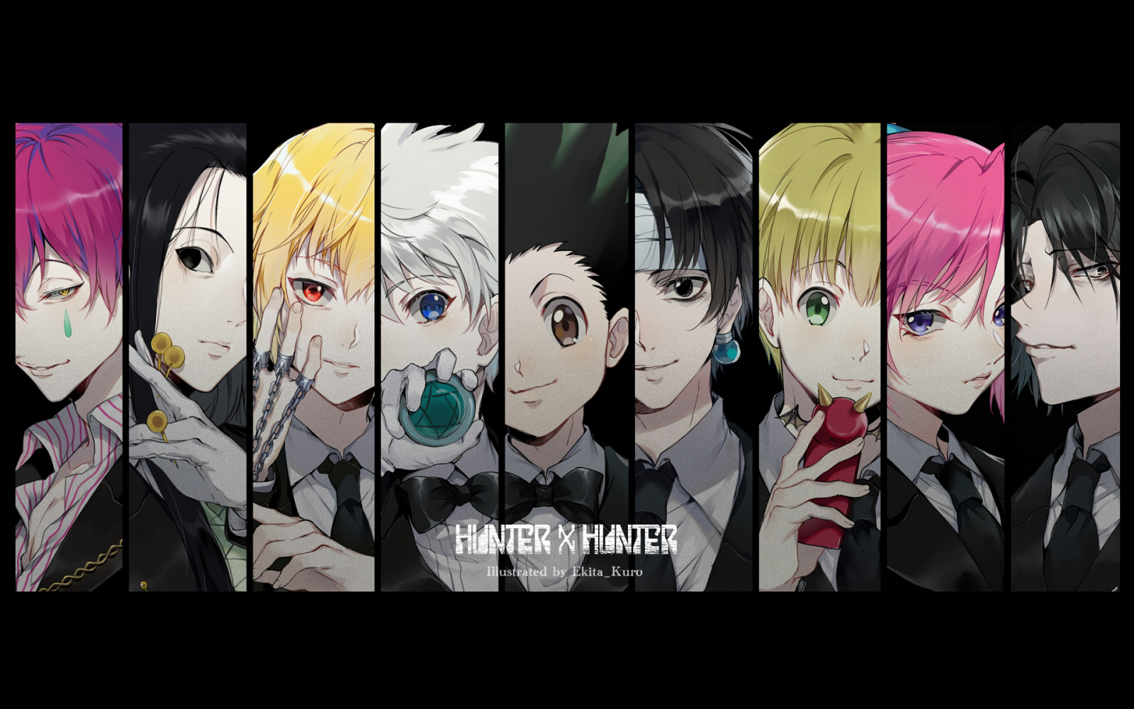 Wallpaper, Hunter x Hunter, anime, Gon Freecss, Hisoka, Chrollo Lucifer, Kurapika, Irumi Zoldyck, Killua Zoldyck, Shalnark, Machi, Feitan 1920x1200