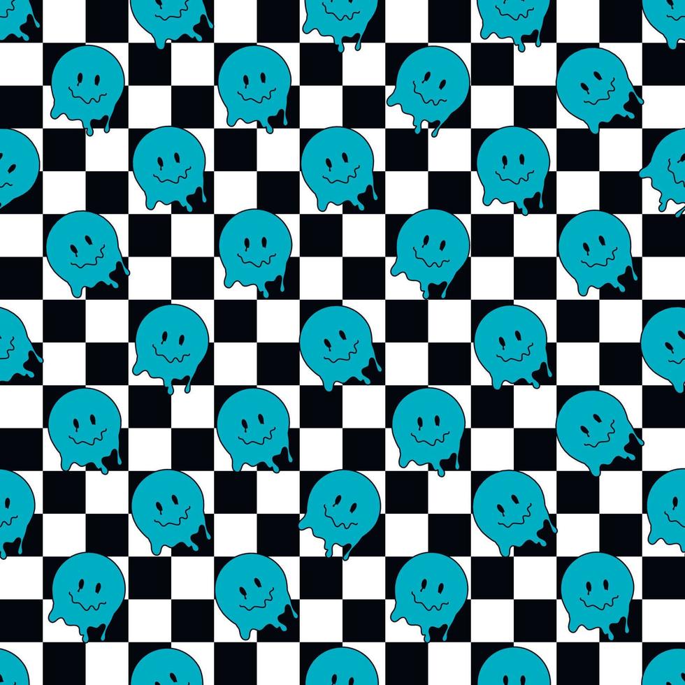 Funny smile dope faces seamless pattern. psychedelic surreal techno melt smile background. Trippy smiley faces, techno, melting smile face cartoon background wallpaper concept art. Y2K aesthetic
