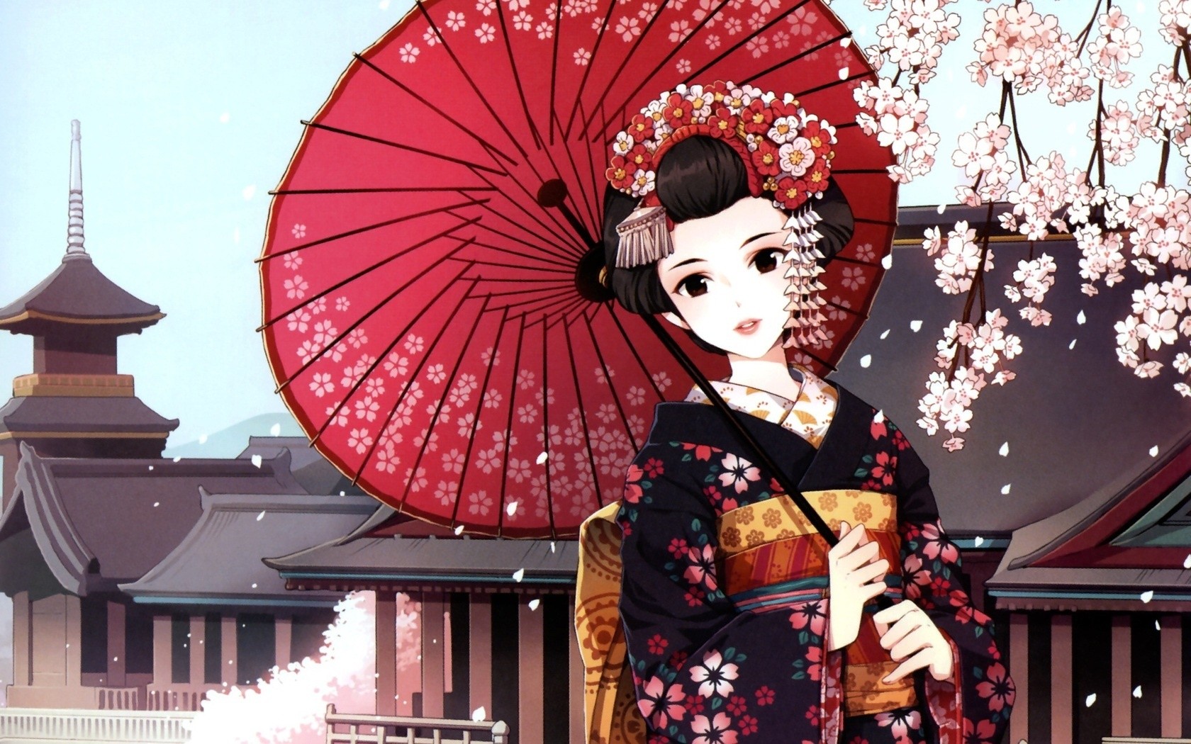 Wallpaper, Japan, illustration, anime girls, umbrella, original characters, cherry blossom, kimono, Person, traditional clothing, geisha, woman, profession 1680x1050