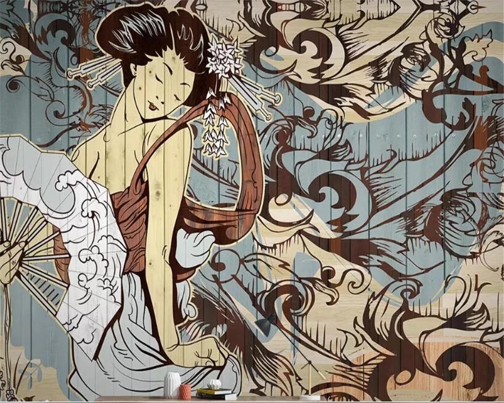 Custom 3D Self Adhesive wallpaper Japanese ukiyo e wooden board modern minimalist TV background murals home decor Waterproof. Wallpaper