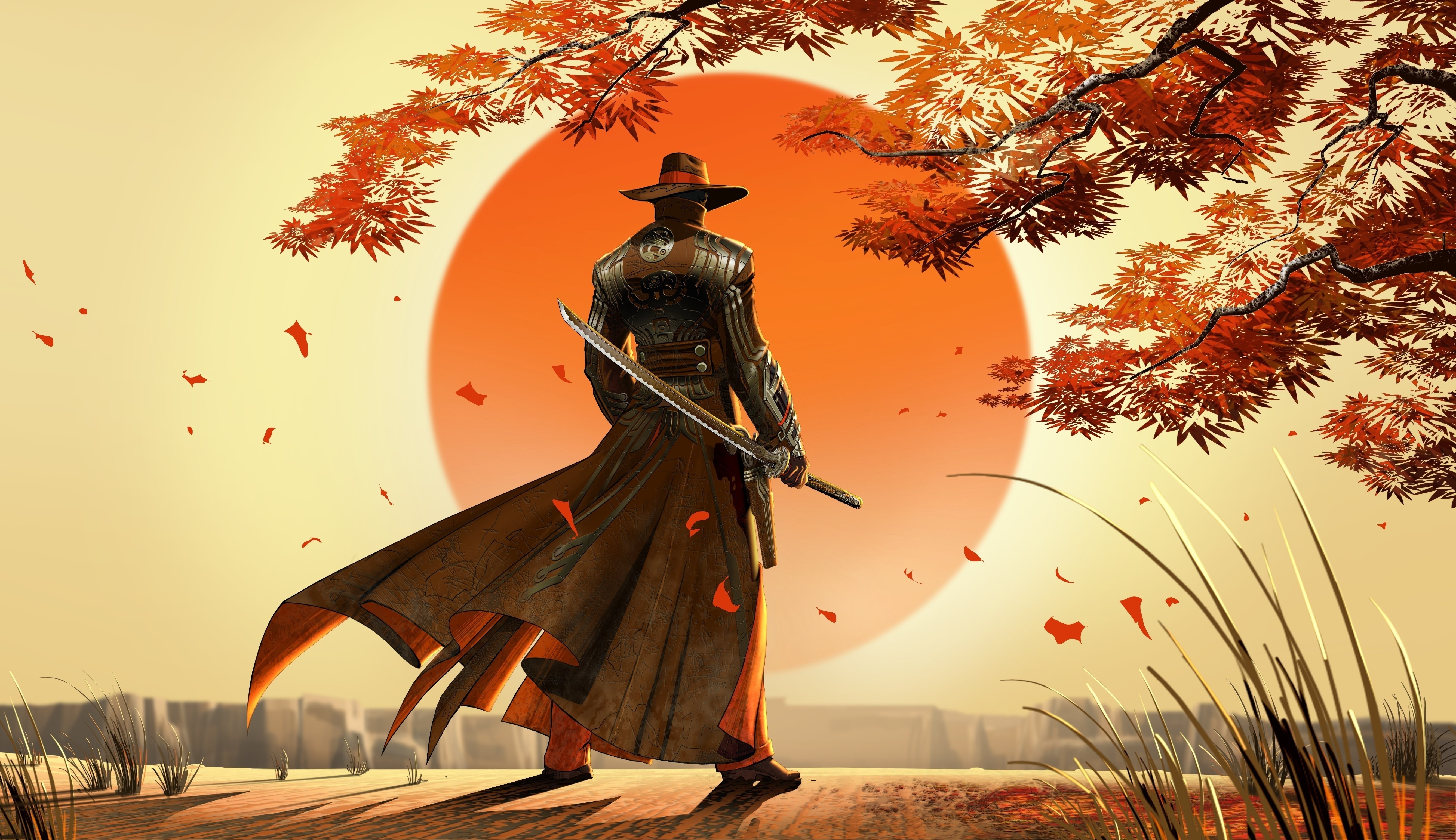 Wallpaper, Japan, illustration, fantasy art, artwork, cowboys, samurai, Person, ART, autumn, flower, screenshot 5350x3088
