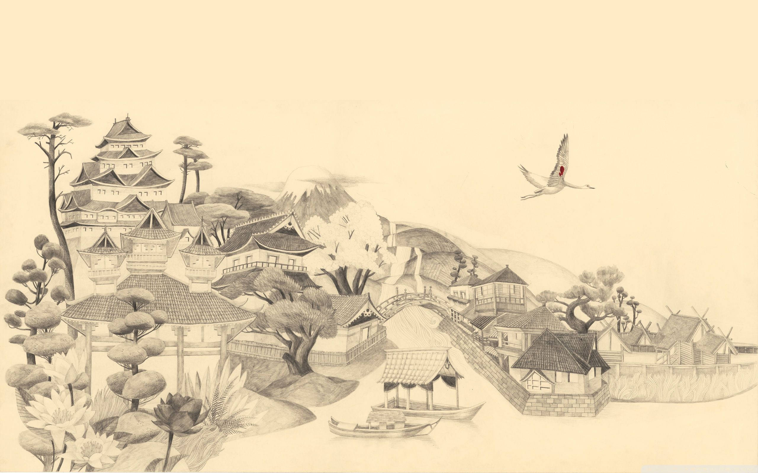 Download Japanese Drawing Of Traditional Town Wallpaper