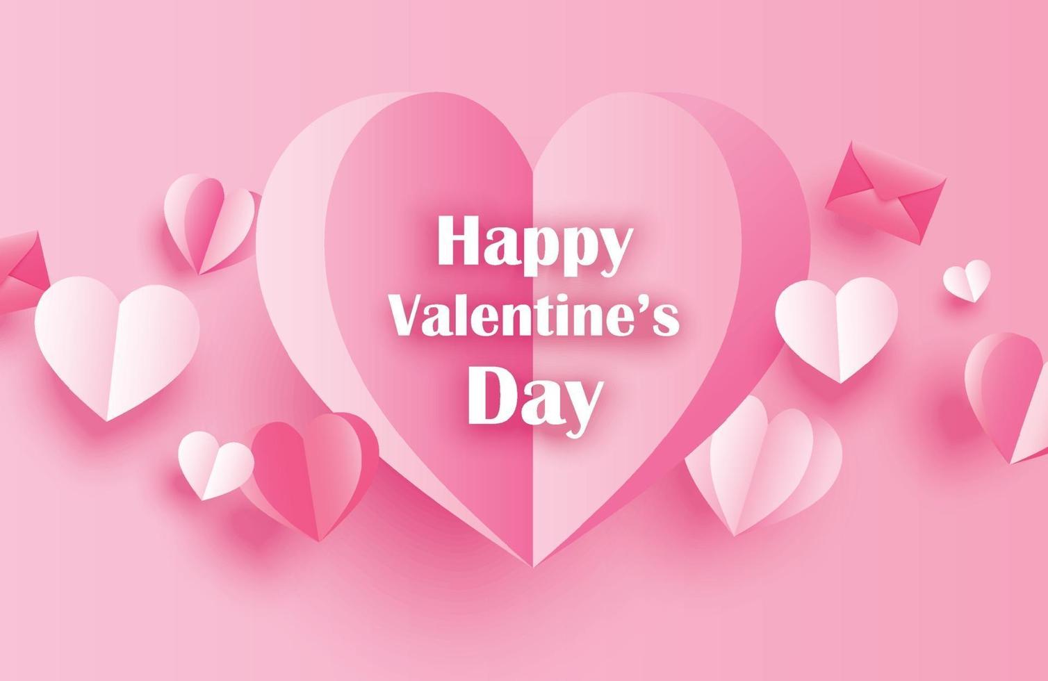 Happy valentines day greeting cards with paper hearts on pink pastel background