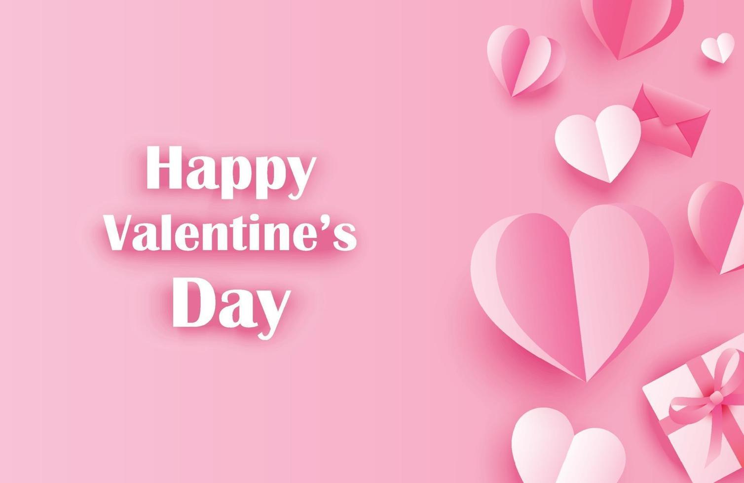 Happy valentines day greeting cards with paper hearts on pink pastel background