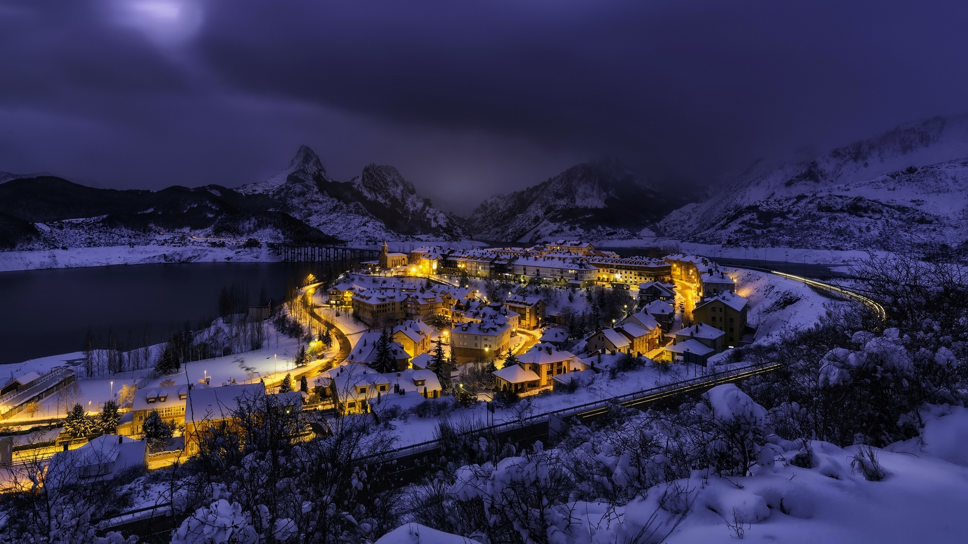 view, town, spain, winter, mountain, snow, peaceful, village, landscape, light, night, frost Gallery HD Wallpaper