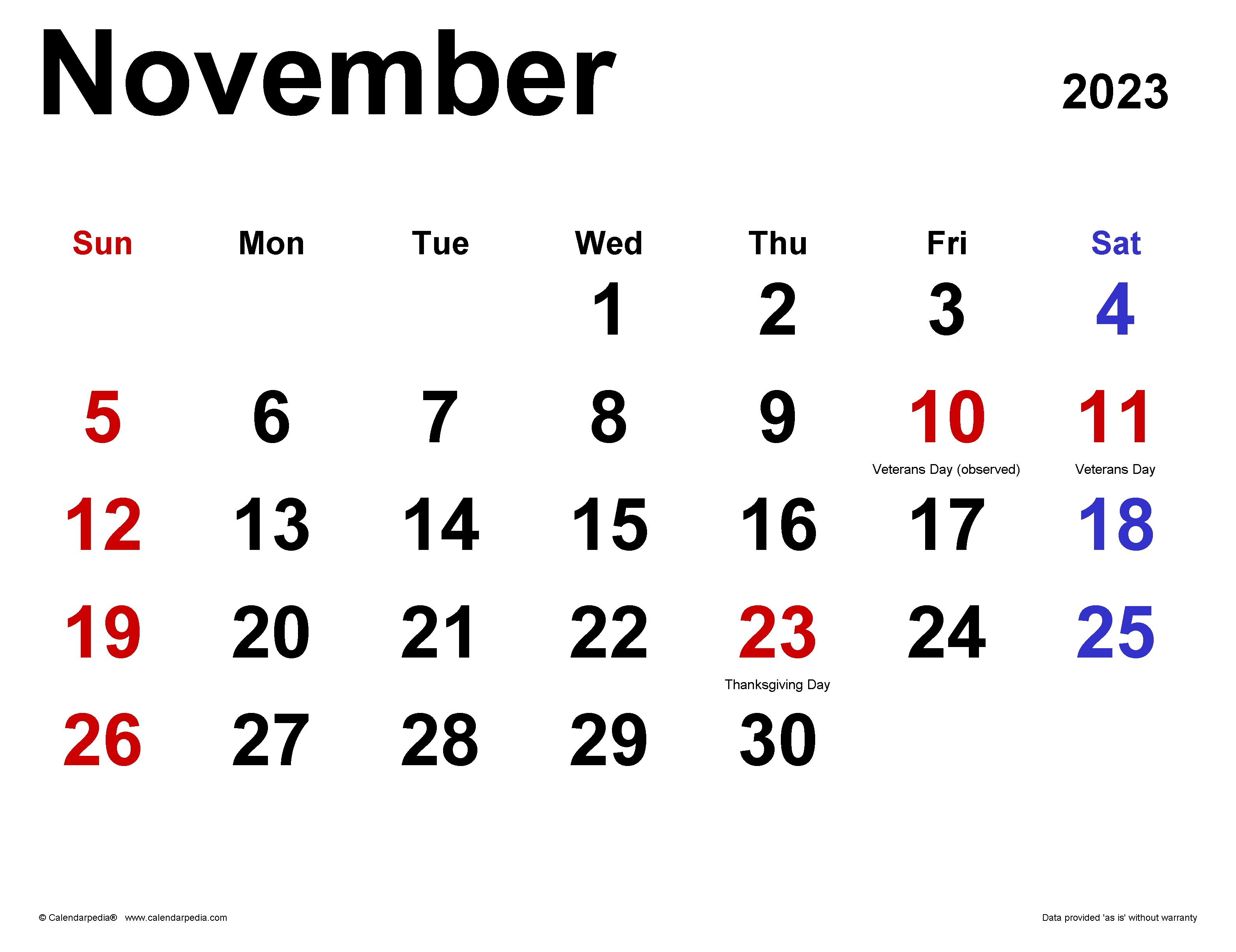 November 2023 Calendar. for Word, Excel