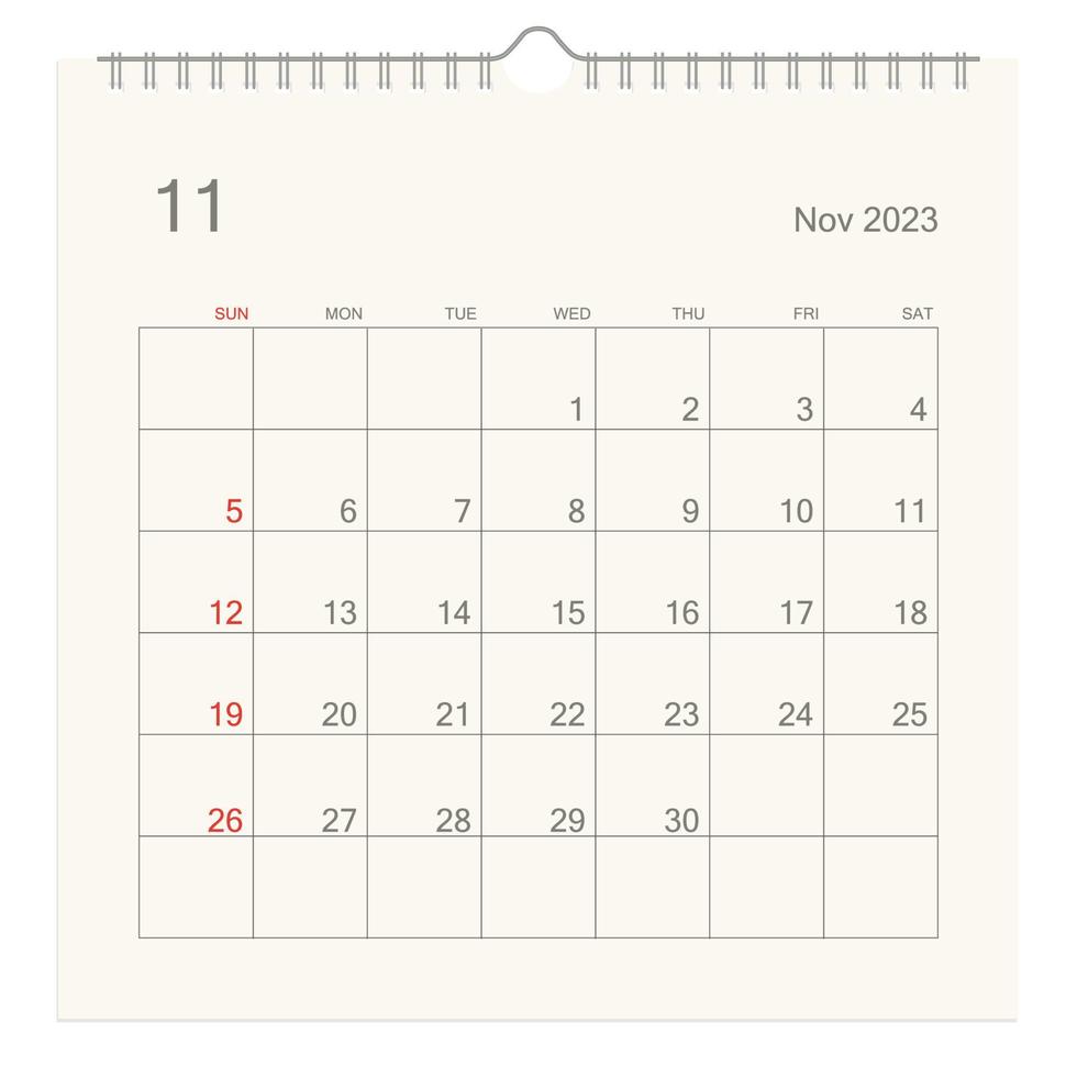 November 2023 calendar page on white background. Calendar background for reminder, business planning, appointment meeting and event. Week starts from Sunday. Vector