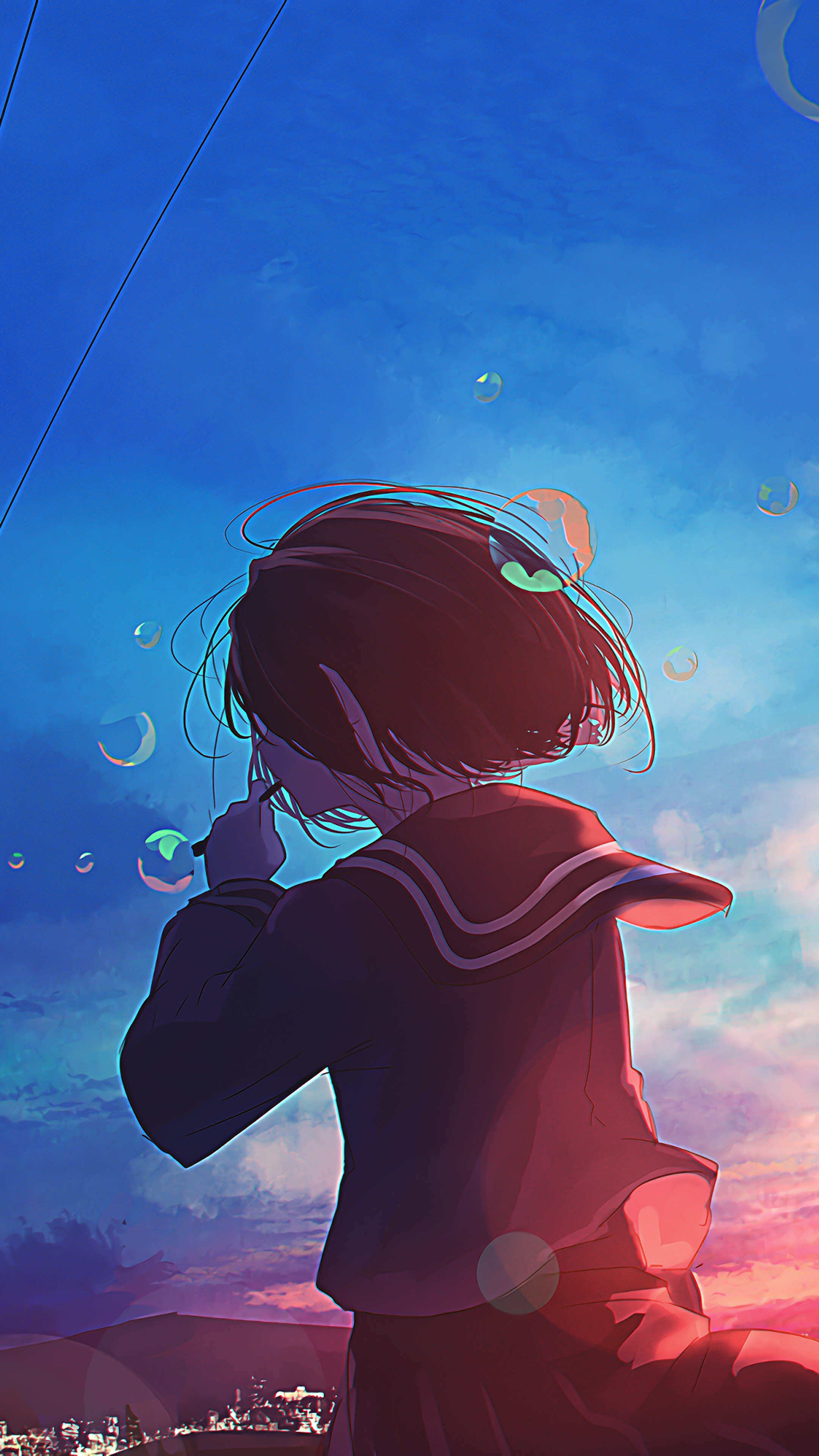 Anime, Scenery, Girl, Sunset, Bubbles, 4k Gallery HD Wallpaper