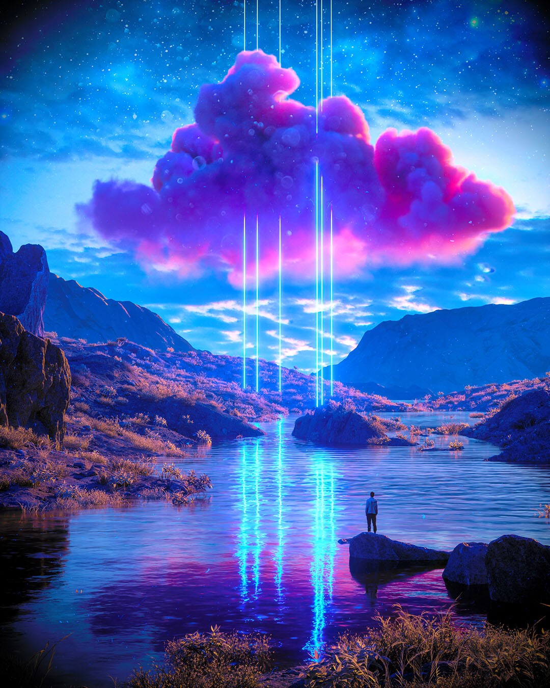 mountains, nature, digital art, blue, clouds, lake, artwork, neon Gallery HD Wallpaper