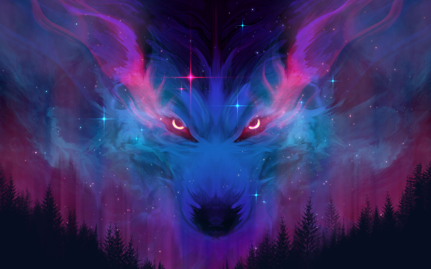Neon wolf in the clouds above the forest Desktop wallpaper 1680x1050