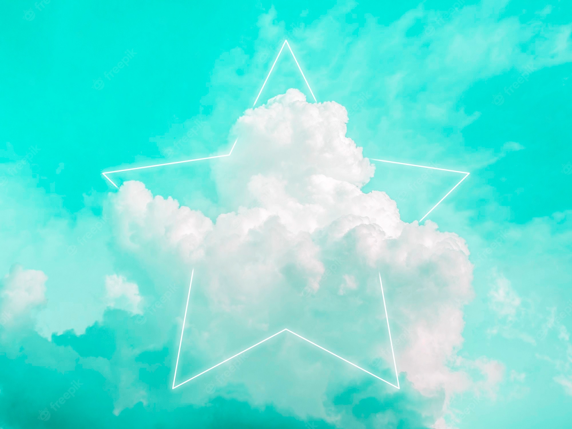 Premium Photo. Blank star shape white glowing light frame on dreamy fluffy cloud with aesthetic green neon sky background. abstract minimal natural luxury background with copy space