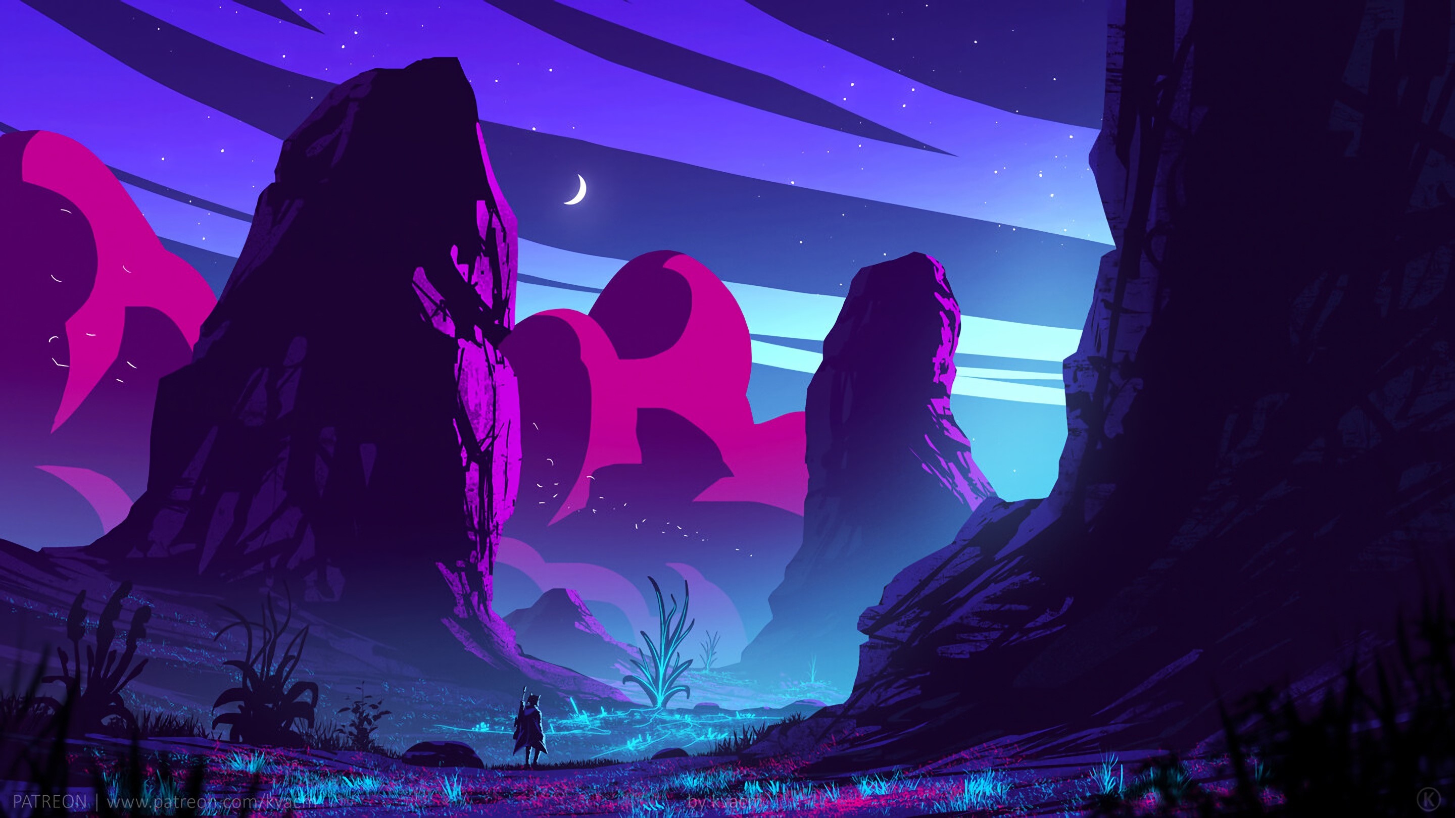 Wallpaper / digital, digital art, artwork, illustration, Retrowave, synthwave, vaporwave, silhouette, traveller, men, outdoors, warrior, night, night sky, sky, skyscape, mountains, rocks, plants, neon, lights, neon lights, dark, Moon, stars
