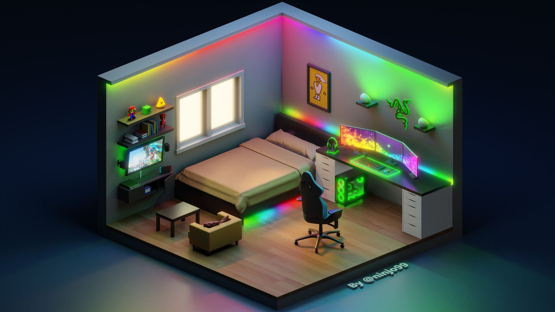 3D Gaming Isometric Room (Razer Themed). Game room design, Video game rooms, Game room