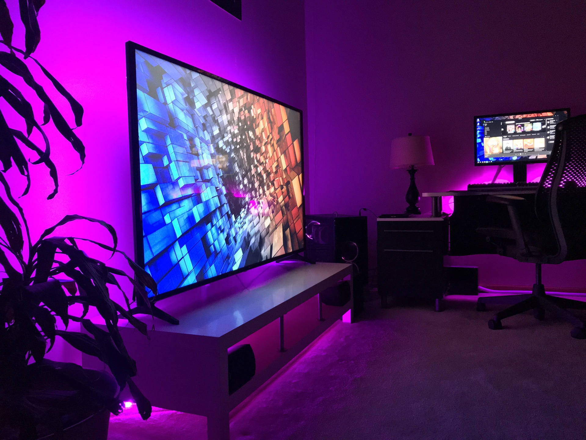 Download Big Television Inside A Neon Room Wallpaper