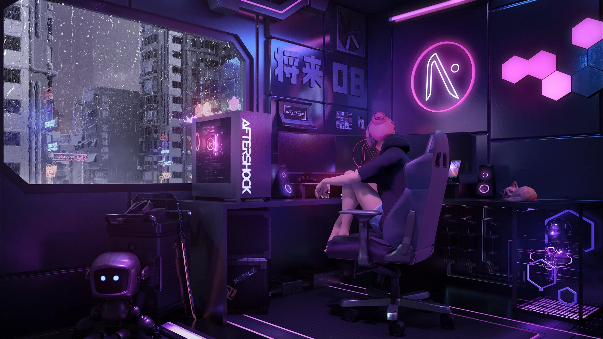 Girl In Futuristic Gaming Room Live Wallpaper