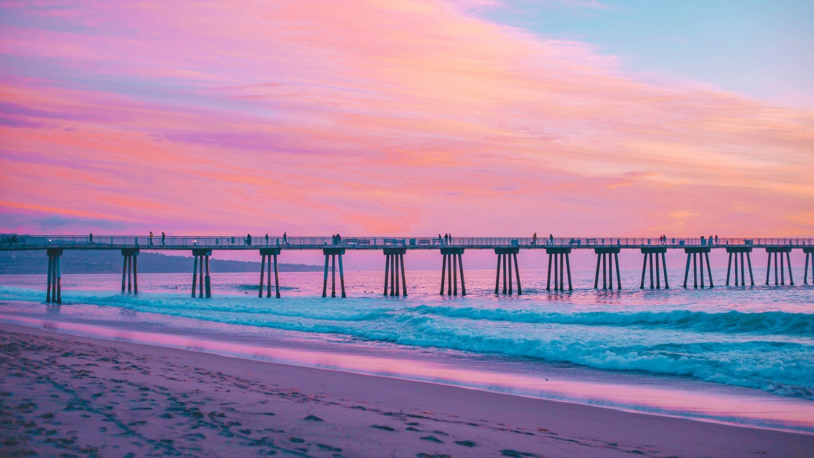 Wallpaper, pier, sea, beach, Hermosa Beach, California, pink, water, sky 1920x1080