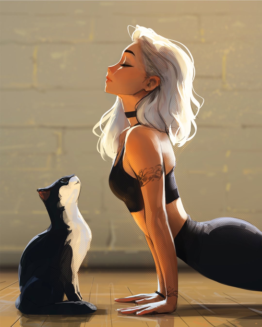 Wallpaper, joint, hairstyle, shoulder, neck, ART, thigh, knee, flash photography, black hair, painting, long hair, human leg, cg artwork, art model, fetish model, illustration, cat, elbow, blond, chest, lingerie, undergarment, sitting