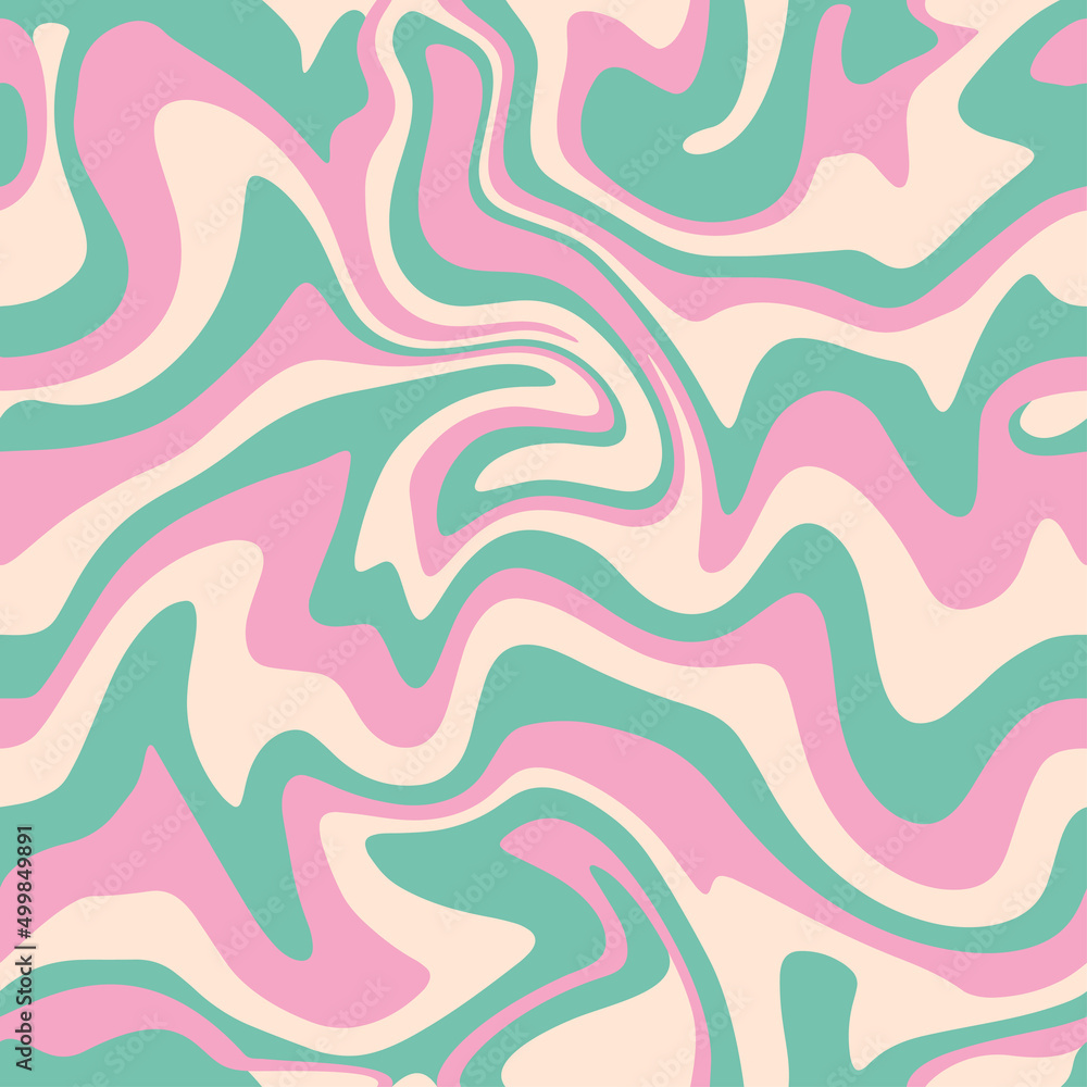 Wavy Swirl Seamless Pattern In Pink, Green And Beige Colors. Hand Drawn Vector Illustration. Seventies Style, Groovy Background, Wallpaper, Print. Flat Design, Hippie Aesthetic. Stock Vector