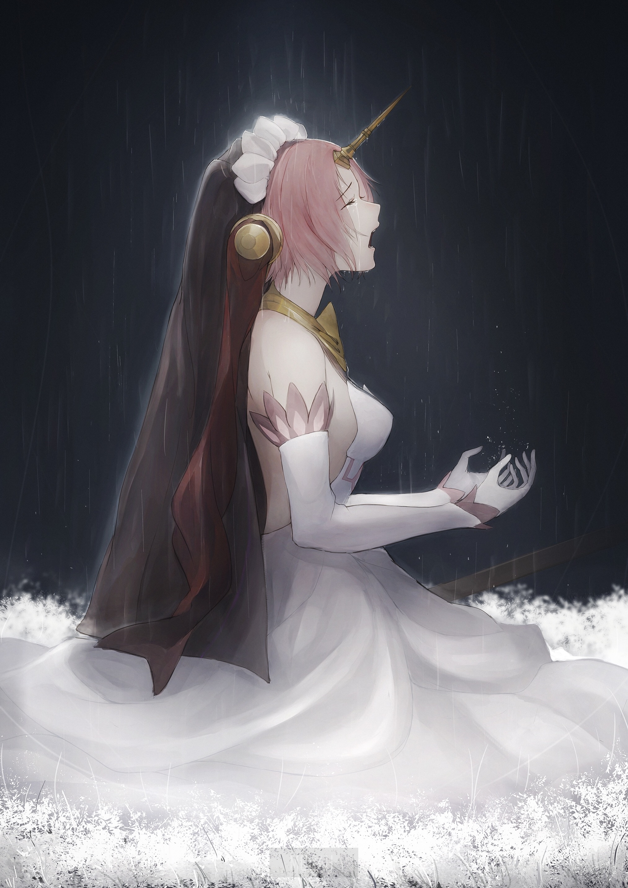 Fate Series, FGO, Fate Apocrypha, Anime Girl, Fan Art, Small Boobs, Long Hair, White Gloves, Crying, Pink Hair, White Dress, Horns, Marumoru, Frankenstein (Fate Apocrypha) Wallpaper Download, 2121x3000 Gallery HD Wallpaper