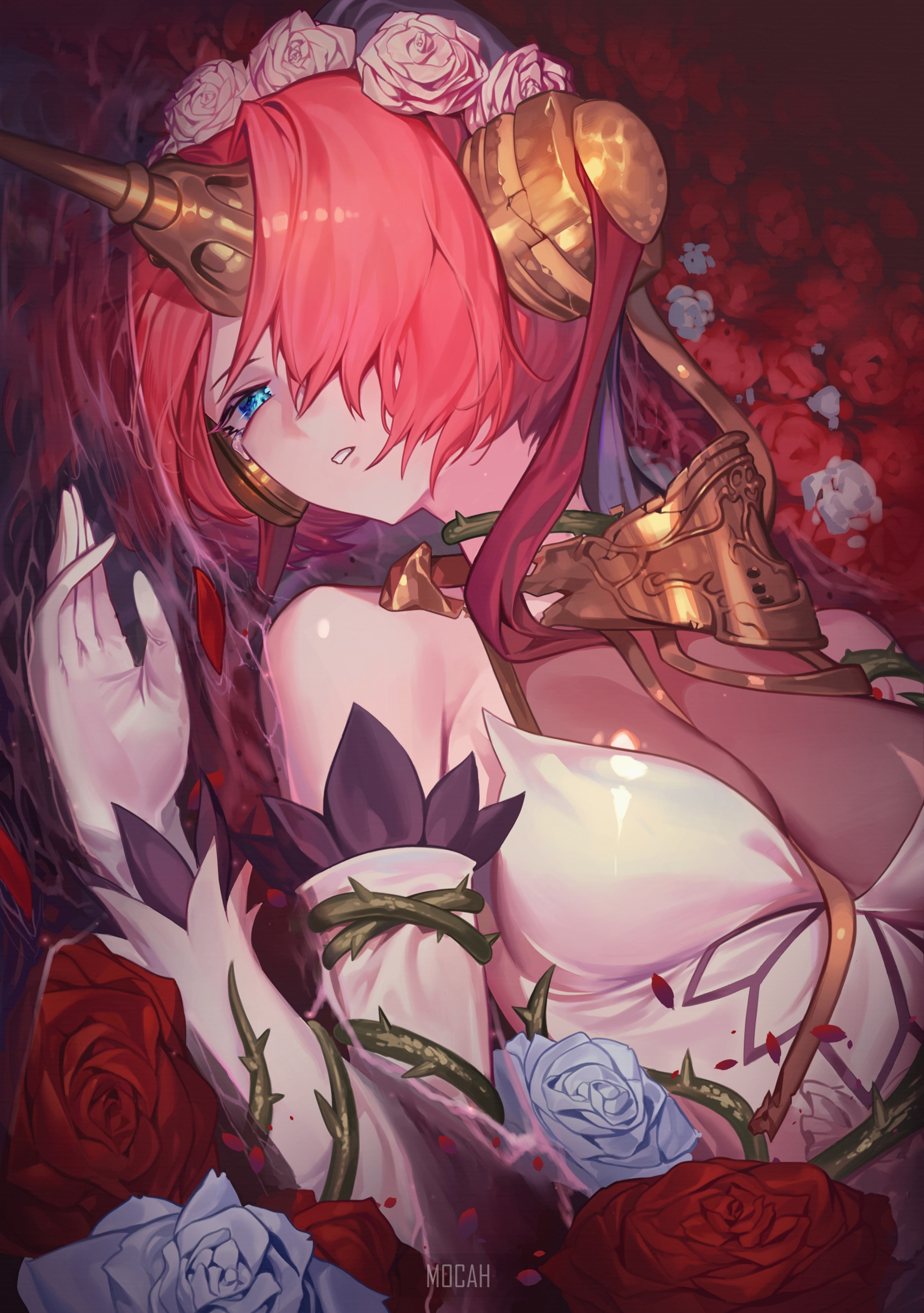 Fate Series, FGO, Fate Grand Order, Fate Apocrypha, Anime Girl, Fan Art, Short Hair, Horns, Wedding Dress, Small Boobs, Redhead, Blue Eyes, Cleavage, Berserker Of Black, Frankenstein (Fate Apocrypha), No Bra, Roses, Thorns, Fantasy