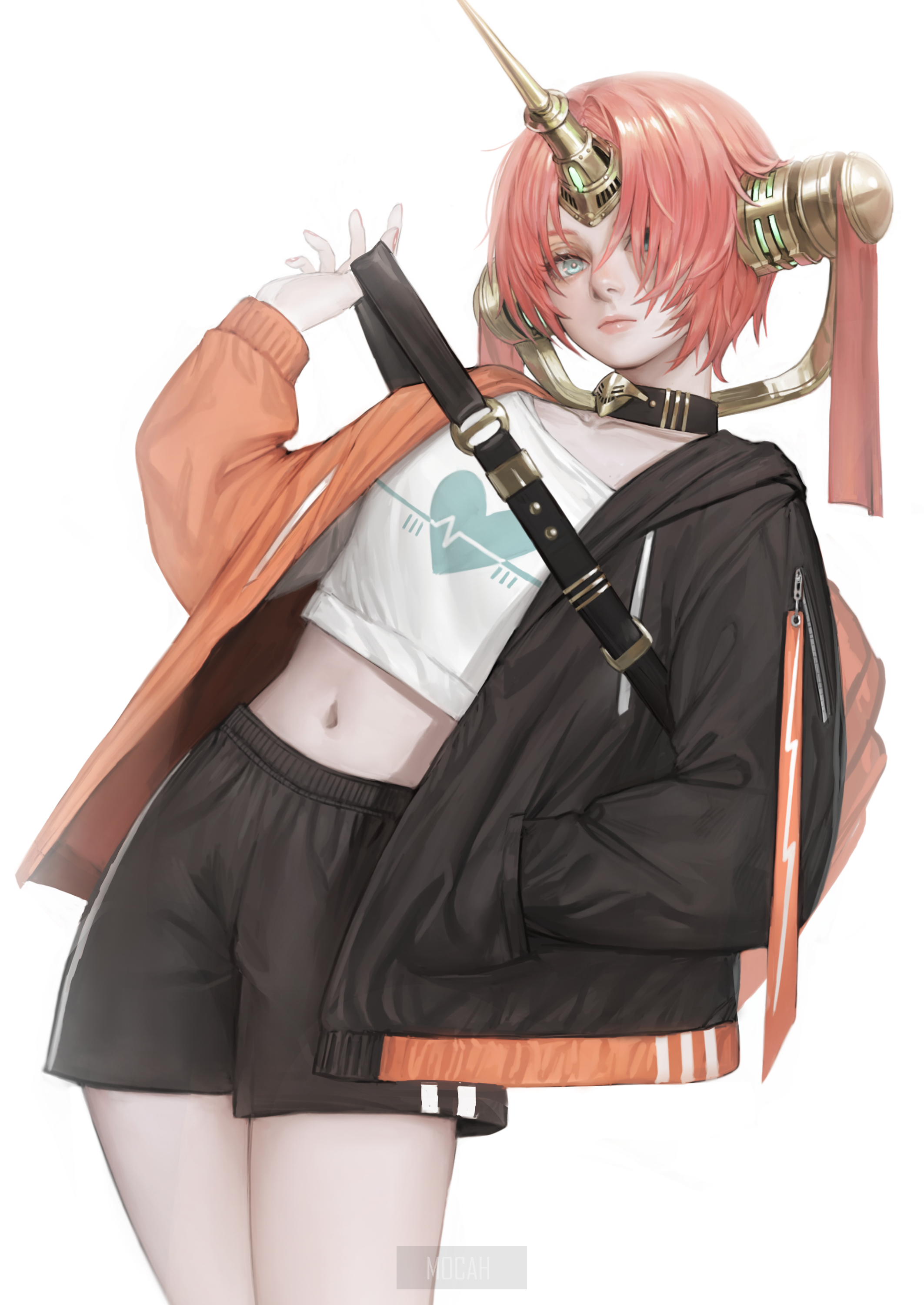 Fate Series, FGO, Fate Grand Order, Fate Apocrypha, Thighs, Short Hair, Small Boobs, Horns, Monster Girl, Anime Girl, Black Shorts, Curvy, Berserker Of Black, Frankenstein (Fate Apocrypha), Pink Hair, Aqua Eyes, Looking At Viewer