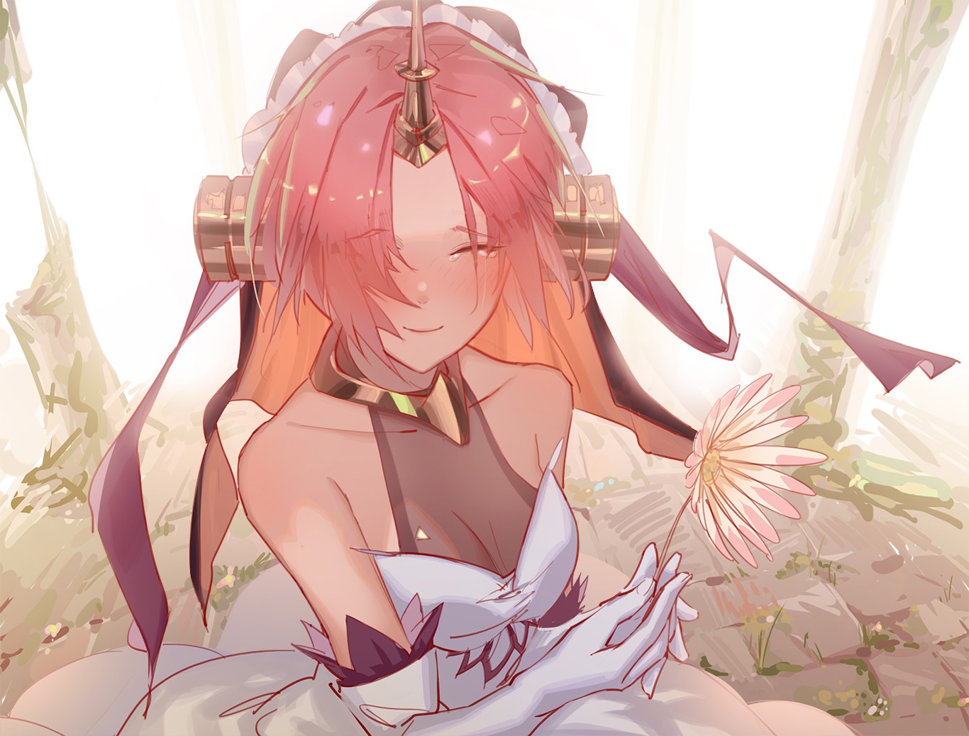 Wallpaper Fate Series, Fate Apocrypha, Anime Girls, Berserker Of Black, Frankenstein (Fate Apocrypha), 2D, Small Boobs, Wedding Dress, Long Sleeves, Crying, FGO, Short Hair, Redhead, Horns, Monster Girl, Smiling, Cleavage