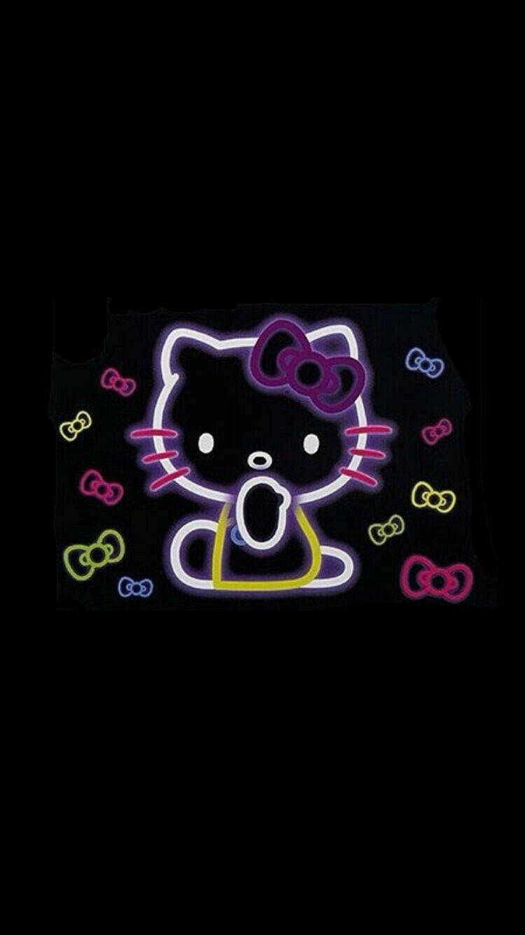 Download Black Hello Kitty Neon With Ribbons Wallpaper