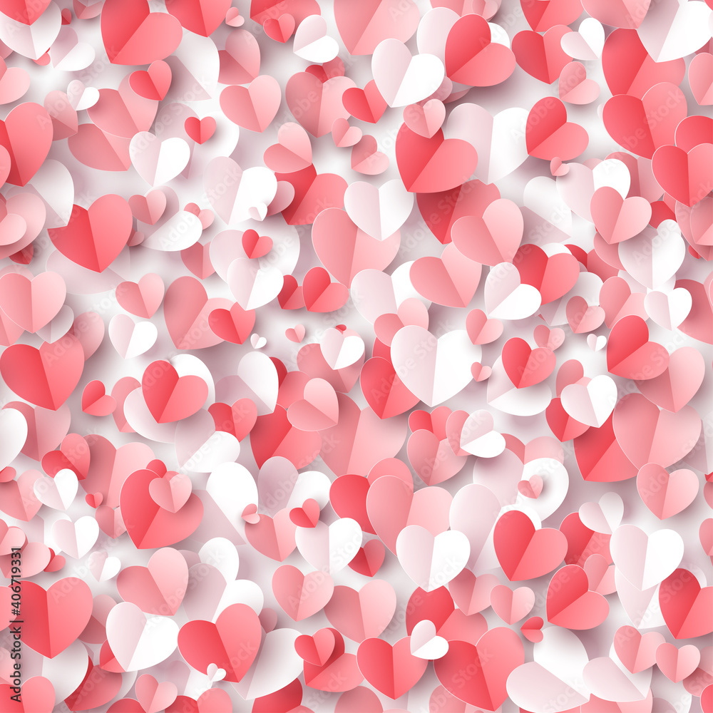 Valentine's day concept seamless pattern background. Vector illustration. Many 3D red, white and pink paper cut hearts wallpaper. Cute love sale backdrop for greeting card Stock Vector