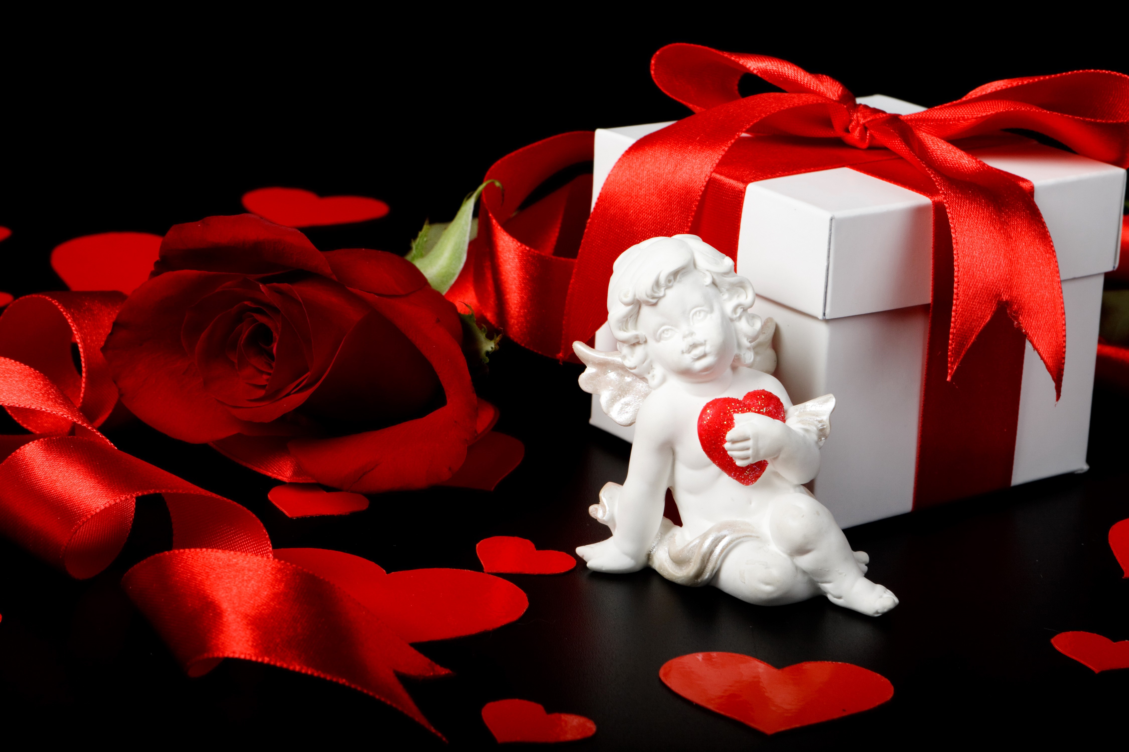 4K, Holidays, Roses, Angels, Valentine's Day, Gifts, Heart, Bowknot Gallery HD Wallpaper