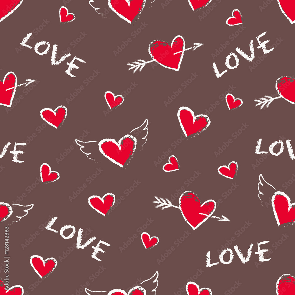 Happy Valentine Day seamless pattern. Vector cute hand drawn red hearts with angel wings and arrows. Seamless texture for wallpaper, pattern fills, web page background. Stock Vector