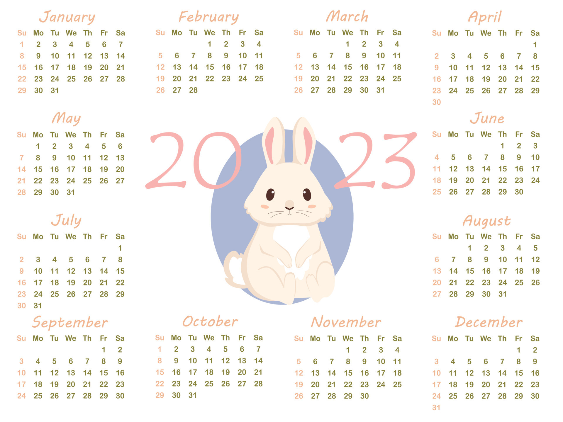 Calendar 2023 with zodiac sign, year of the Rabbit, with cute cartoone white Rabbit