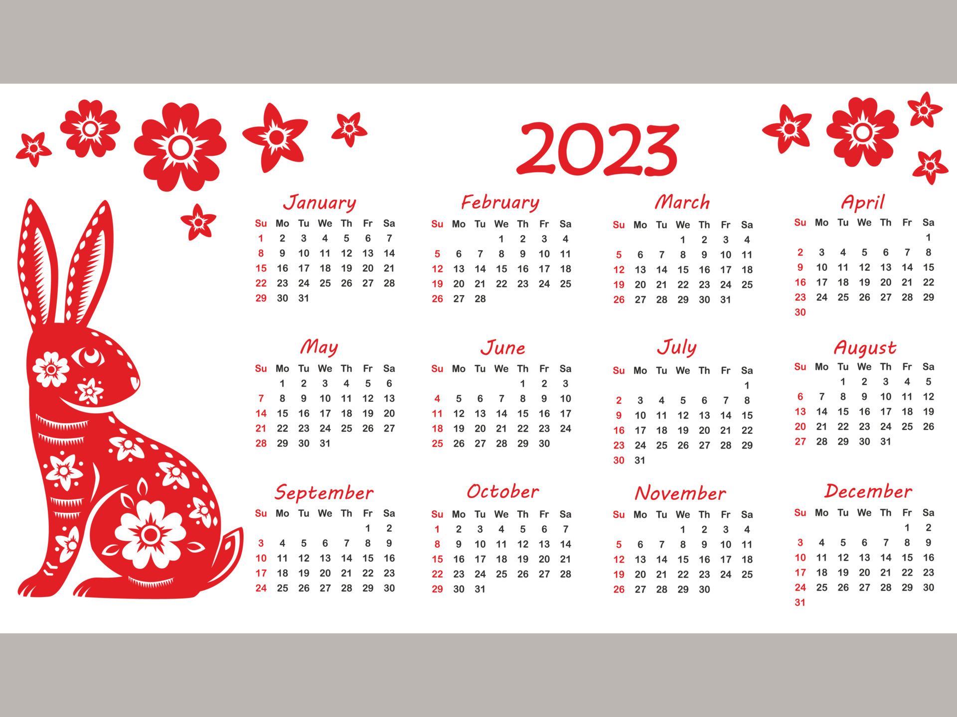 Calendar 2023 with zodiac sign, year of the Rabbit, with red paper cut art on white color background