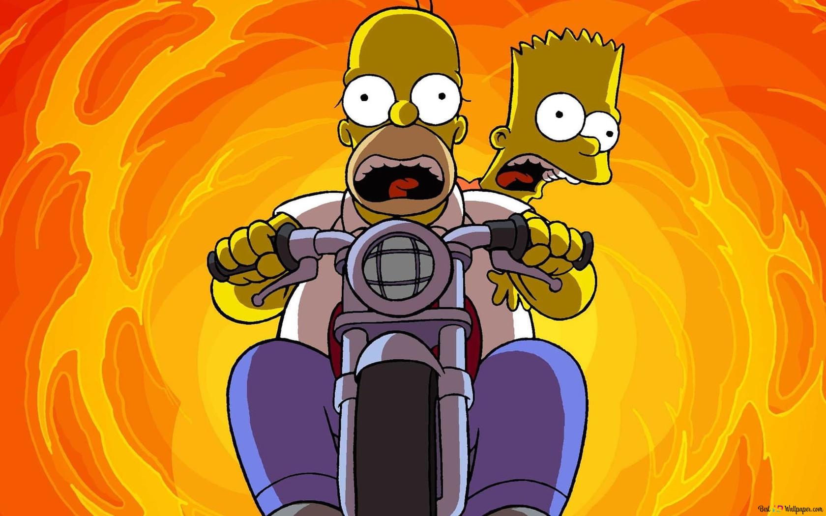 Simpsons cartoon characters Homer Simpson and Bart Simpson look worried on a motorcycle HD wallpaper download