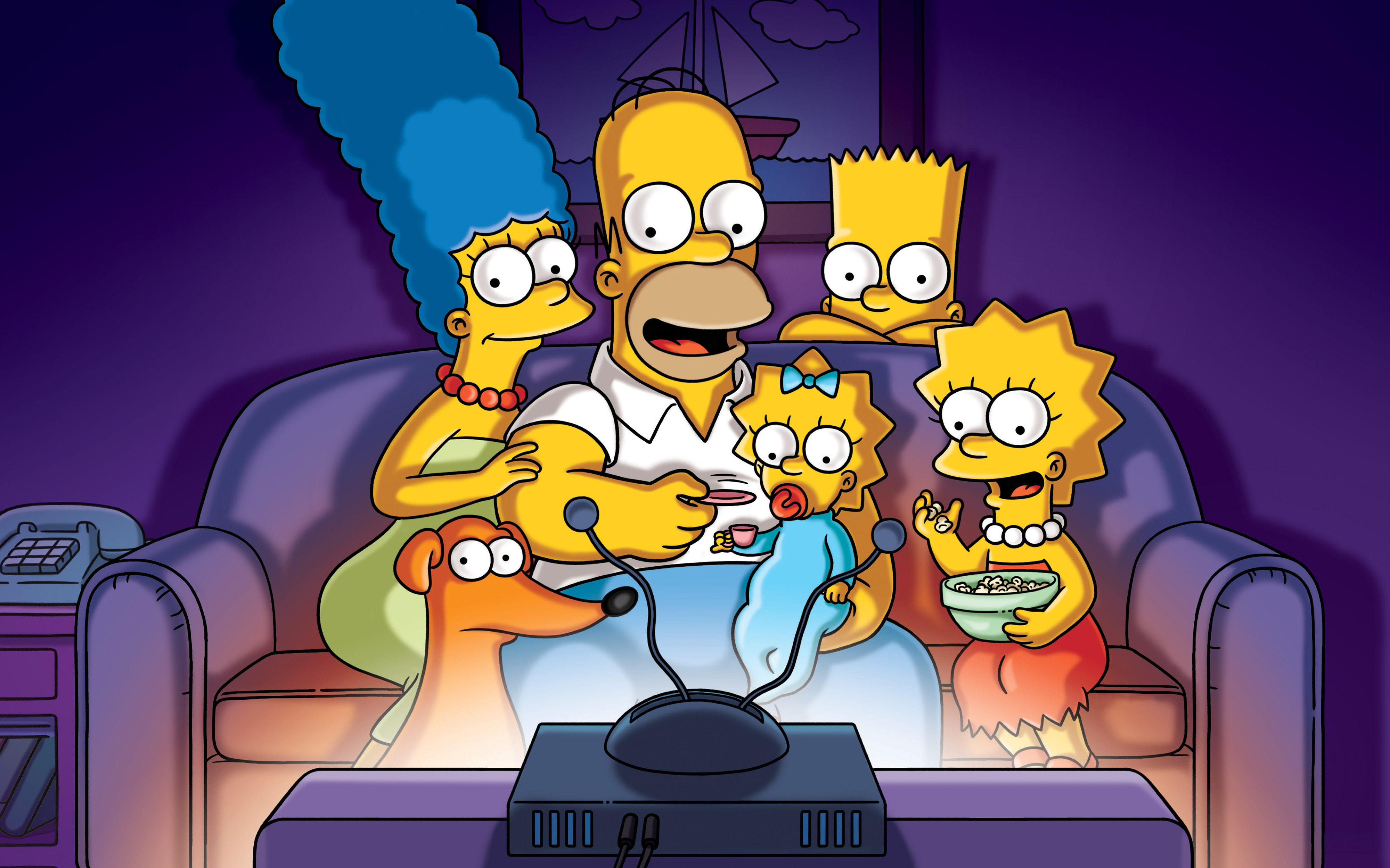 Wallpaper / The Simpsons, tv series, Homer Simpson, Marge Simpson, Bart Simpson, Lisa Simpson, Maggie Simpson, television sets, animation, vibrant, purple, Disney free download