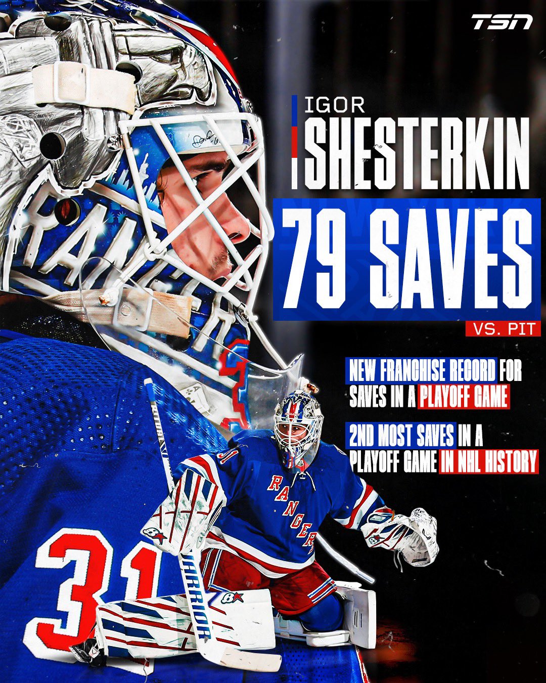 TSN eight goaltenders in NHL history have had saves in a playoff game and Igor Shesterkin is now one of them