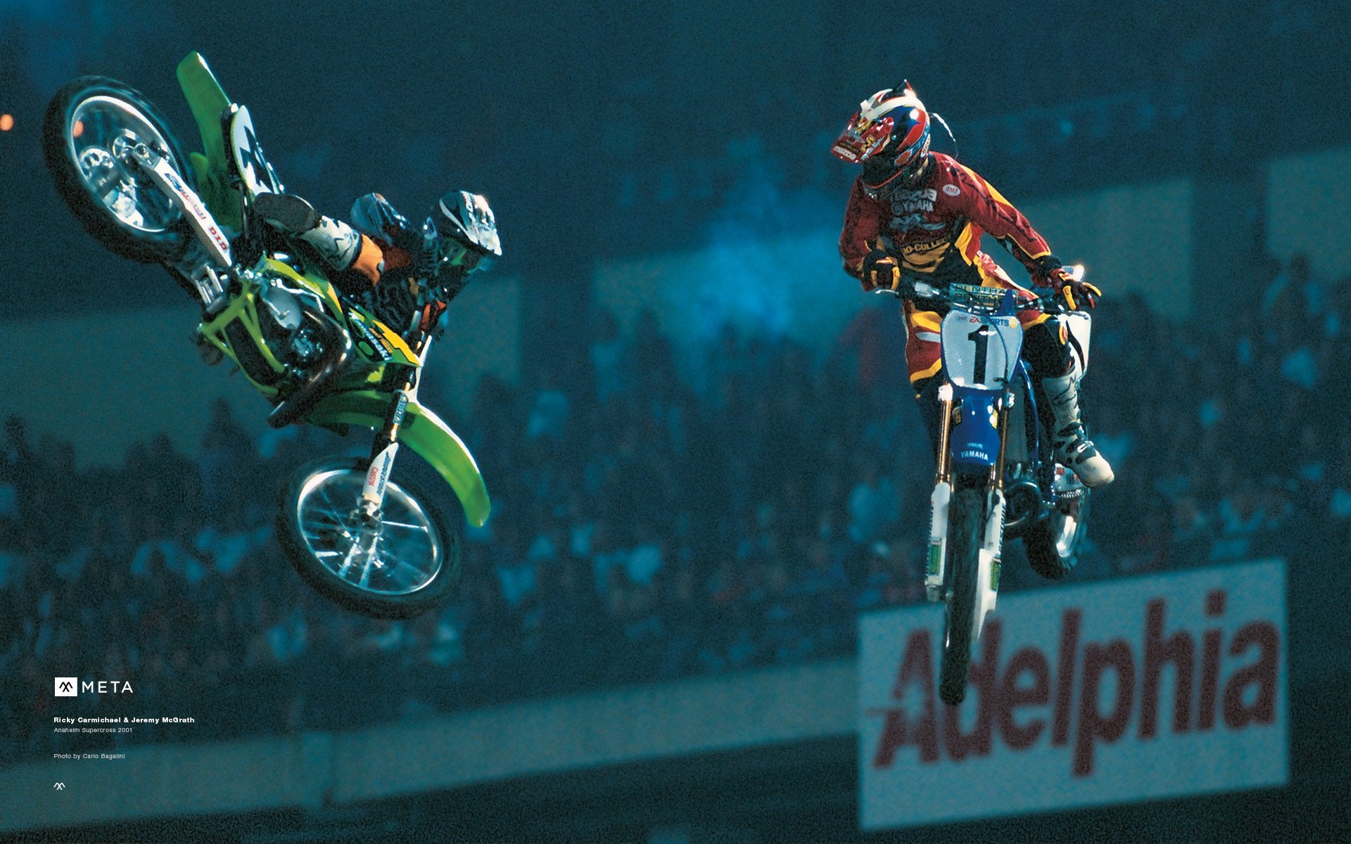 The Pass. Ricky Carmichael passes Jeremy McGrath during Anaheim 3, 2001. Tied in points heading into the race, Carmichael tracked down McGrath & made the pass on the 17th lap