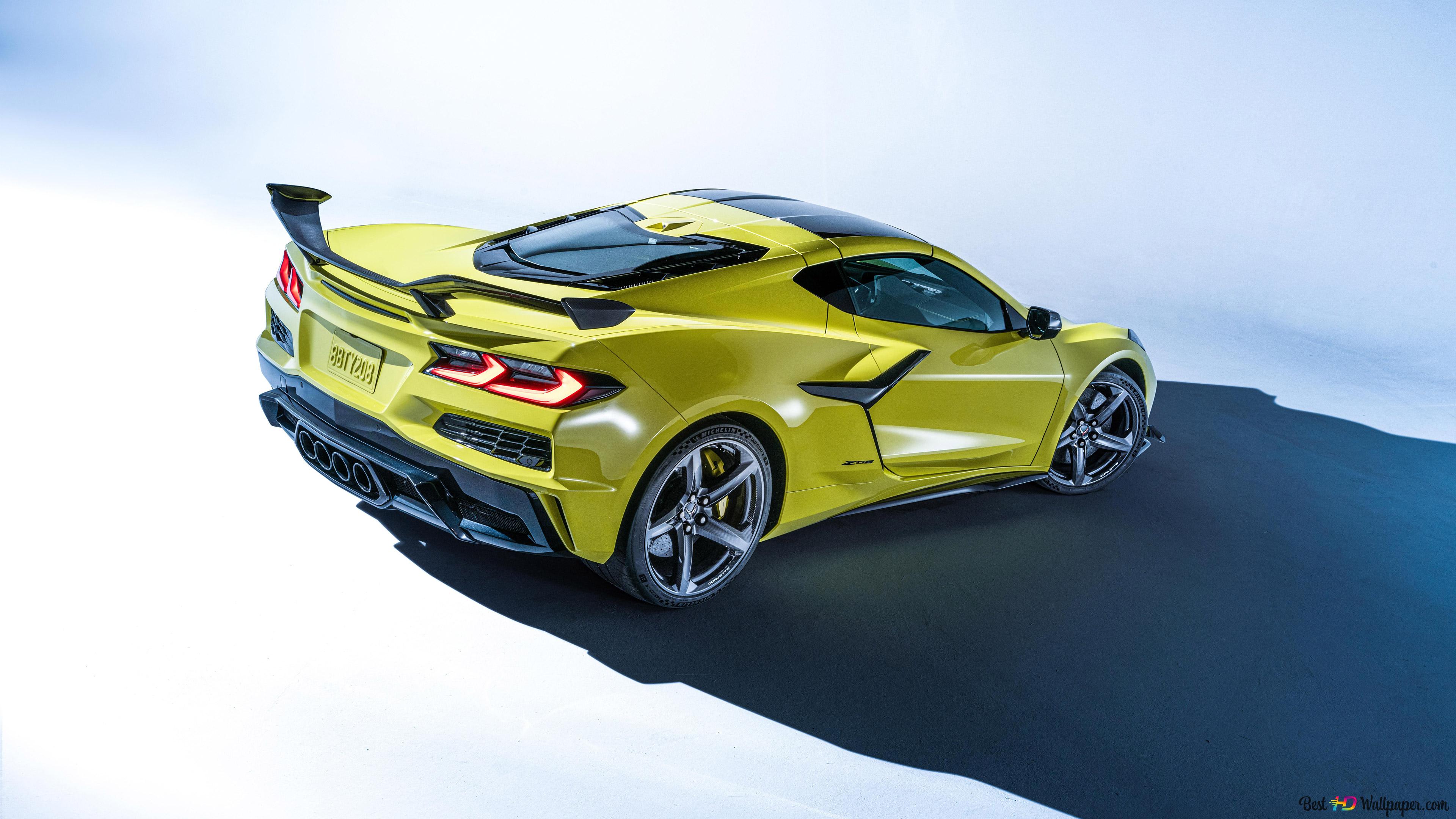 Chevrolet Corvette Z06 2023 yellow back and side view 4K wallpaper download