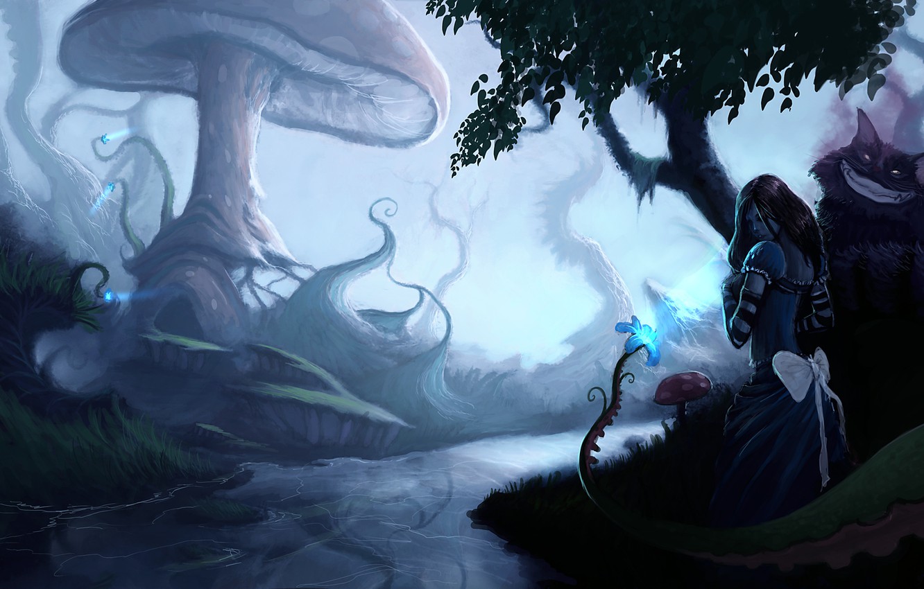 Wallpaper flower, cat, river, mushrooms, art, Alice, Alice: Madness Returns image for desktop, section игры