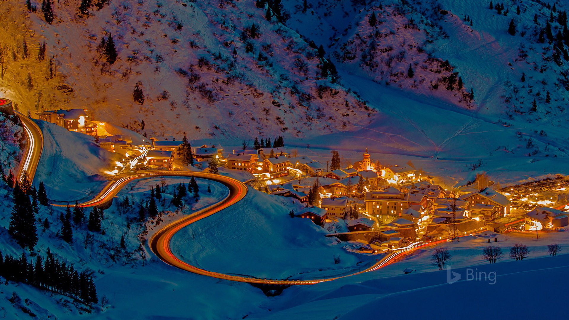 Bing, road, landscape, town, lights, photography, trees, HDR, snow, winter Gallery HD Wallpaper