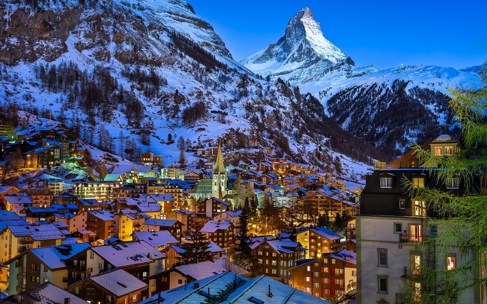 Wallpaper, trees, landscape, lights, city, cityscape, rock, nature, sky, snow, winter, house, Tourism, evening, town, valley, Switzerland, rooftops, church, Alps, Matterhorn, metropolis, mount scenery, Zermatt, tree, landmark, 1920x1200 px, tourist