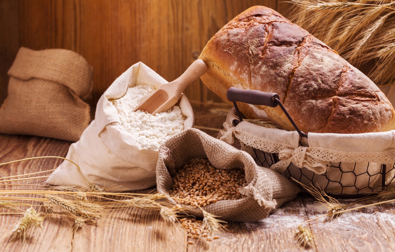Wallpaper wheat, bread, ears, bags, cakes, grain, flour, scoop image for desktop, section еда