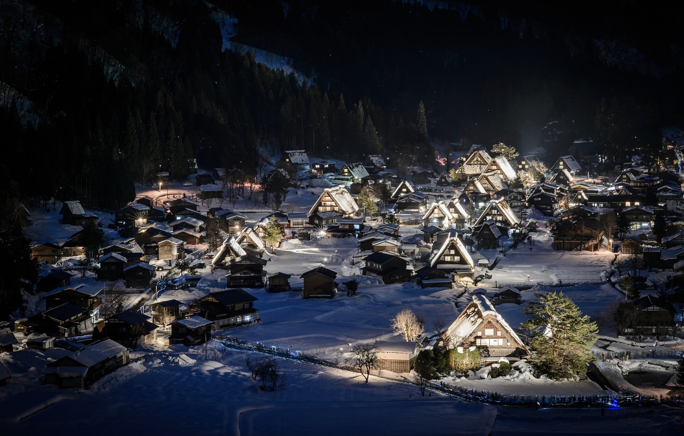 Wallpaper winter, forest, snow, mountains, night, holiday, home, town image for desktop, section пейзажи