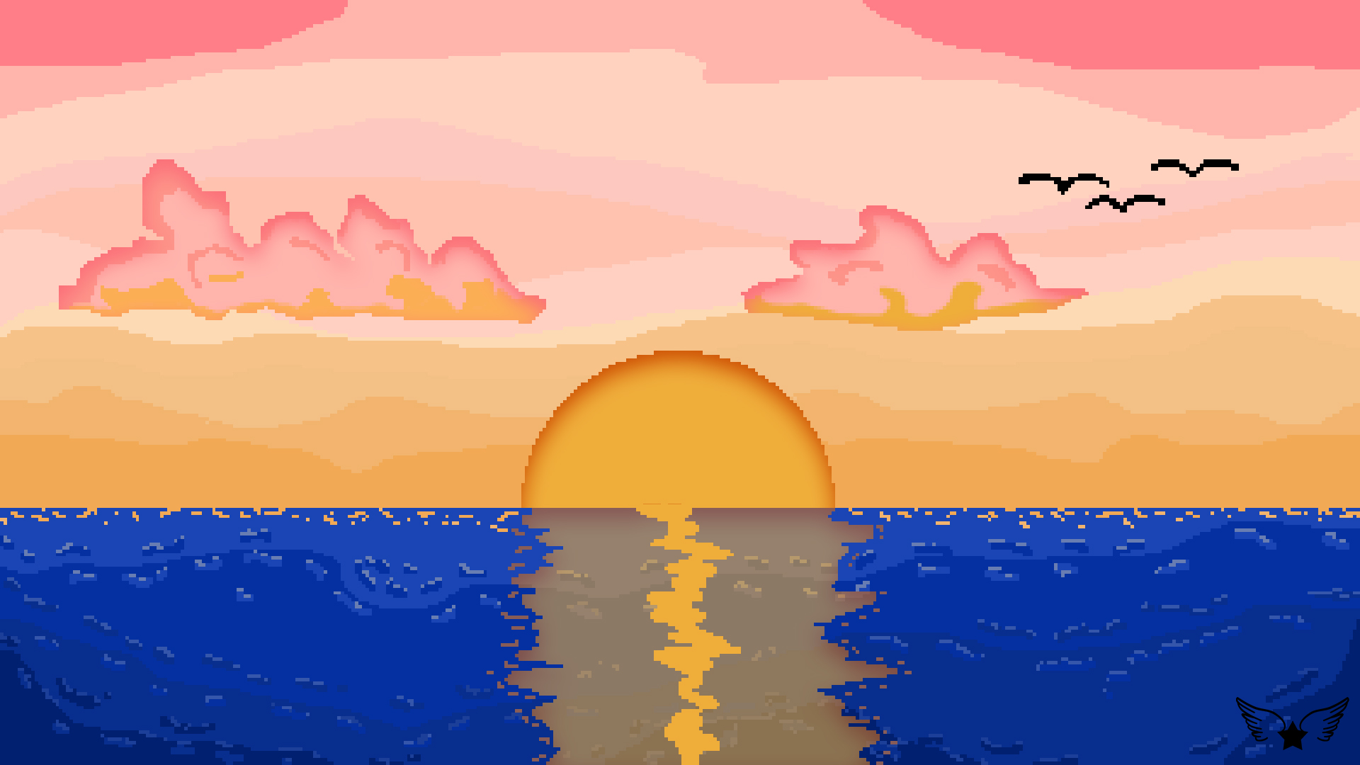 Wallpaper, pixel art, sunset, clouds, sea, blue, pink 1920x1080