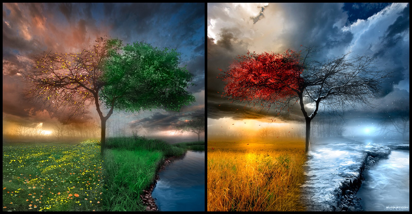nature, seasons, clouds, water, collage, trees, summer, artwork, winter, spring, fall, landscape Gallery HD Wallpaper