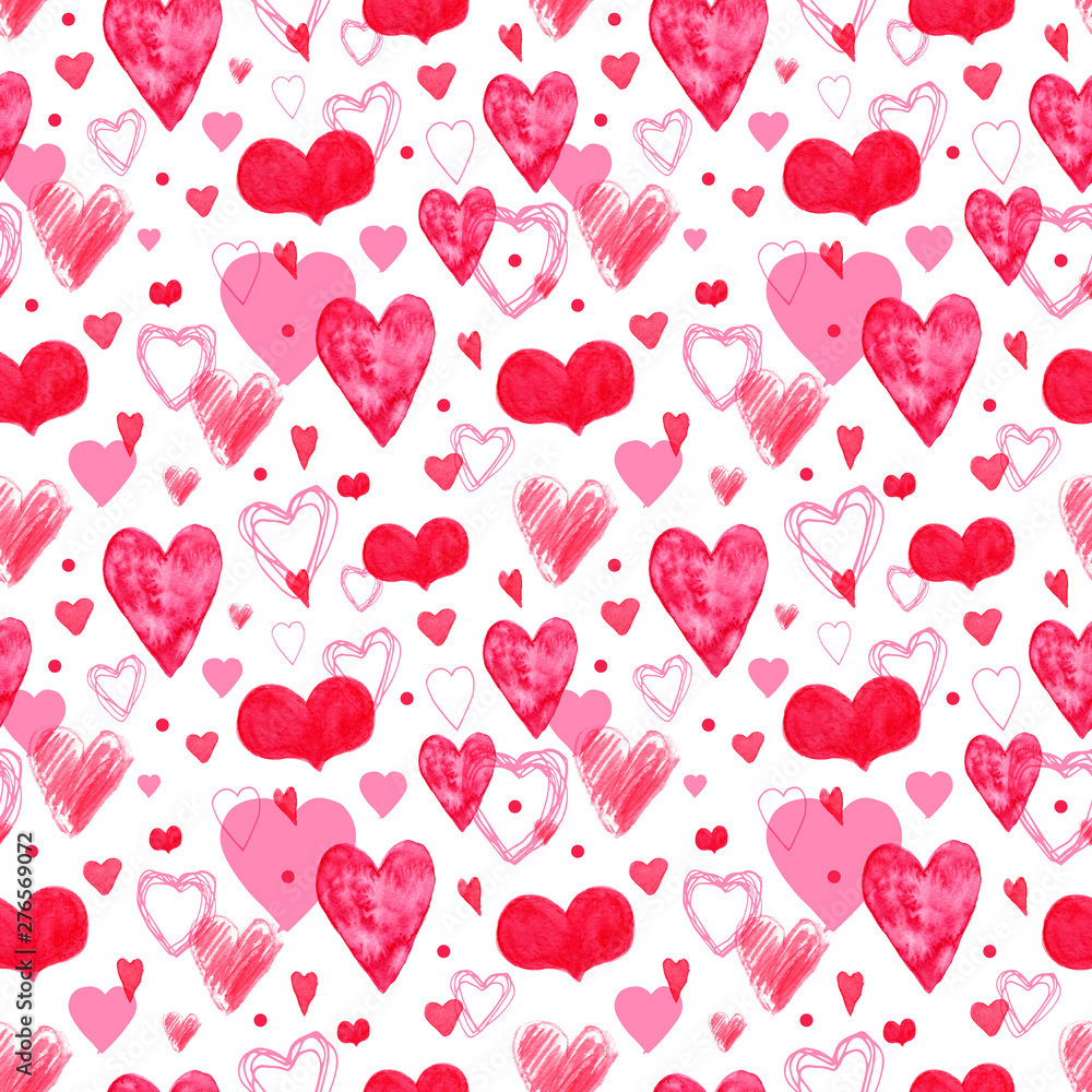 Seamless pattern with beautiful hand drawn watercolor pink hearts on white background. Romantic wallpaper for Valentine Day. Cute and lovely texture for surface design, fabric, textile, paper wrap