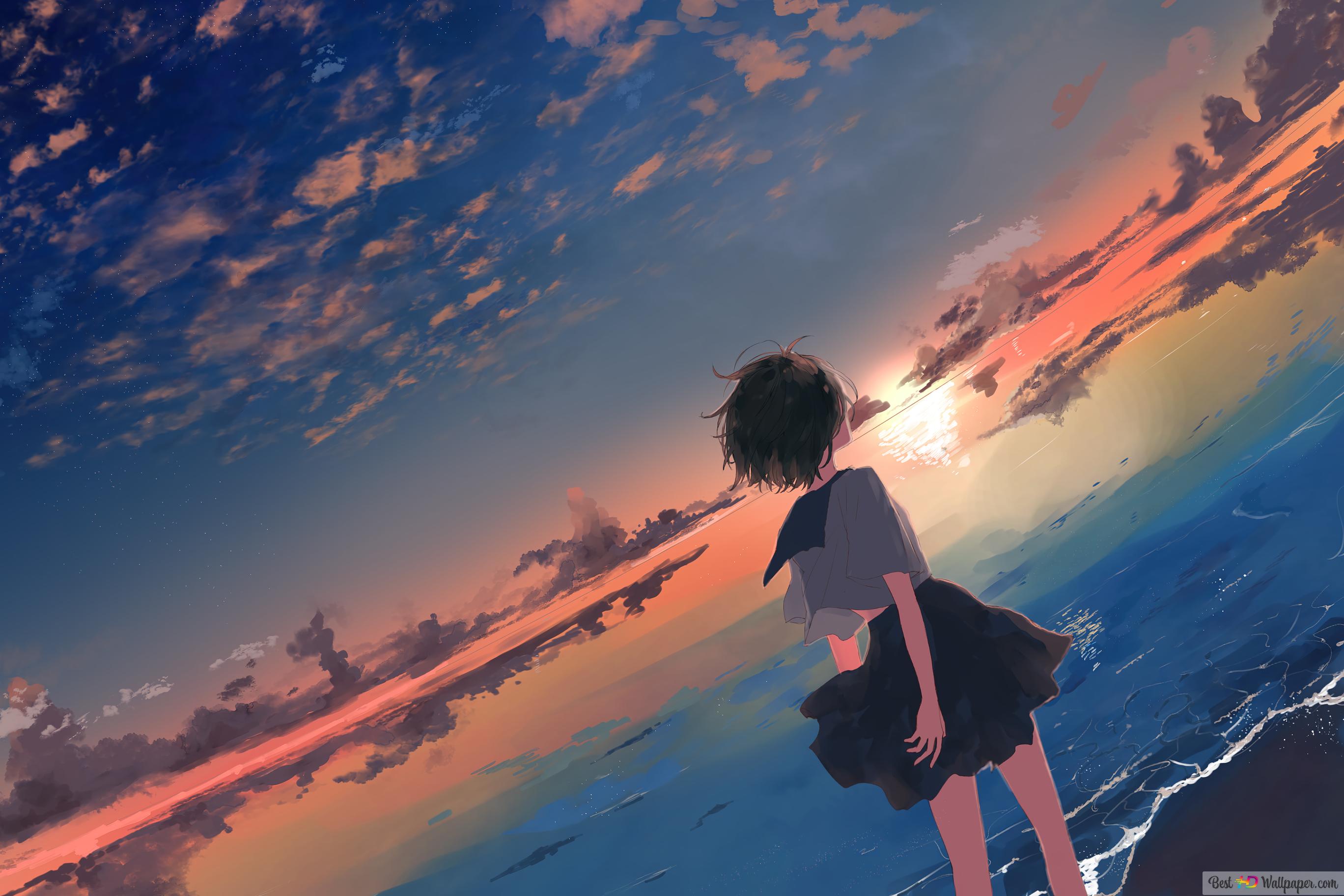 Anime School Girl Sunset Beach 4K wallpaper download